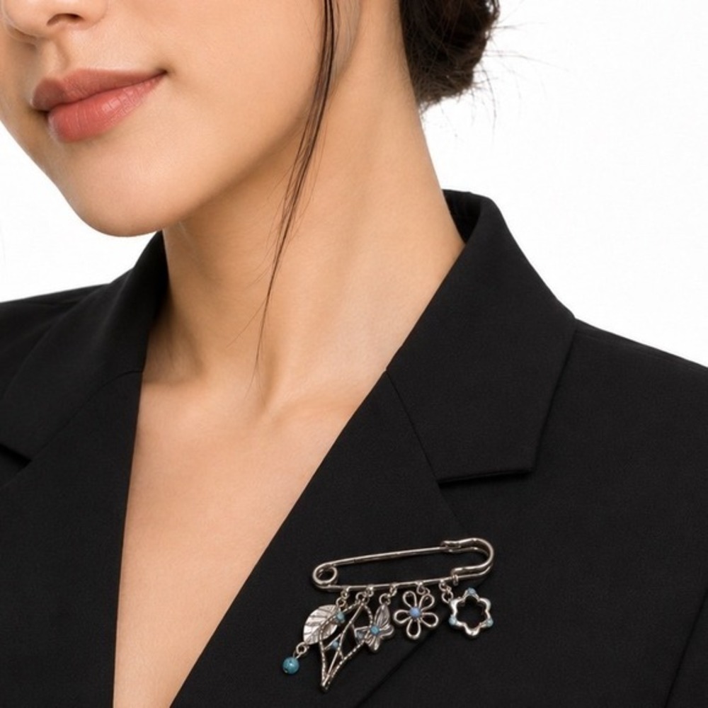 Silver Tone Safety Pin Brooch with Nature Charms Butterfly Flower Turquoise J-01